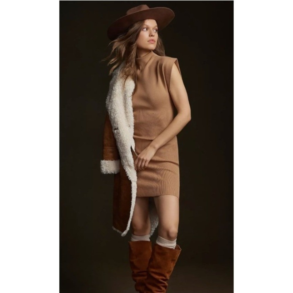 by Anthropologie Sweater Dress Women M Tan Ribbed High Neck Sleeveless Bodycon